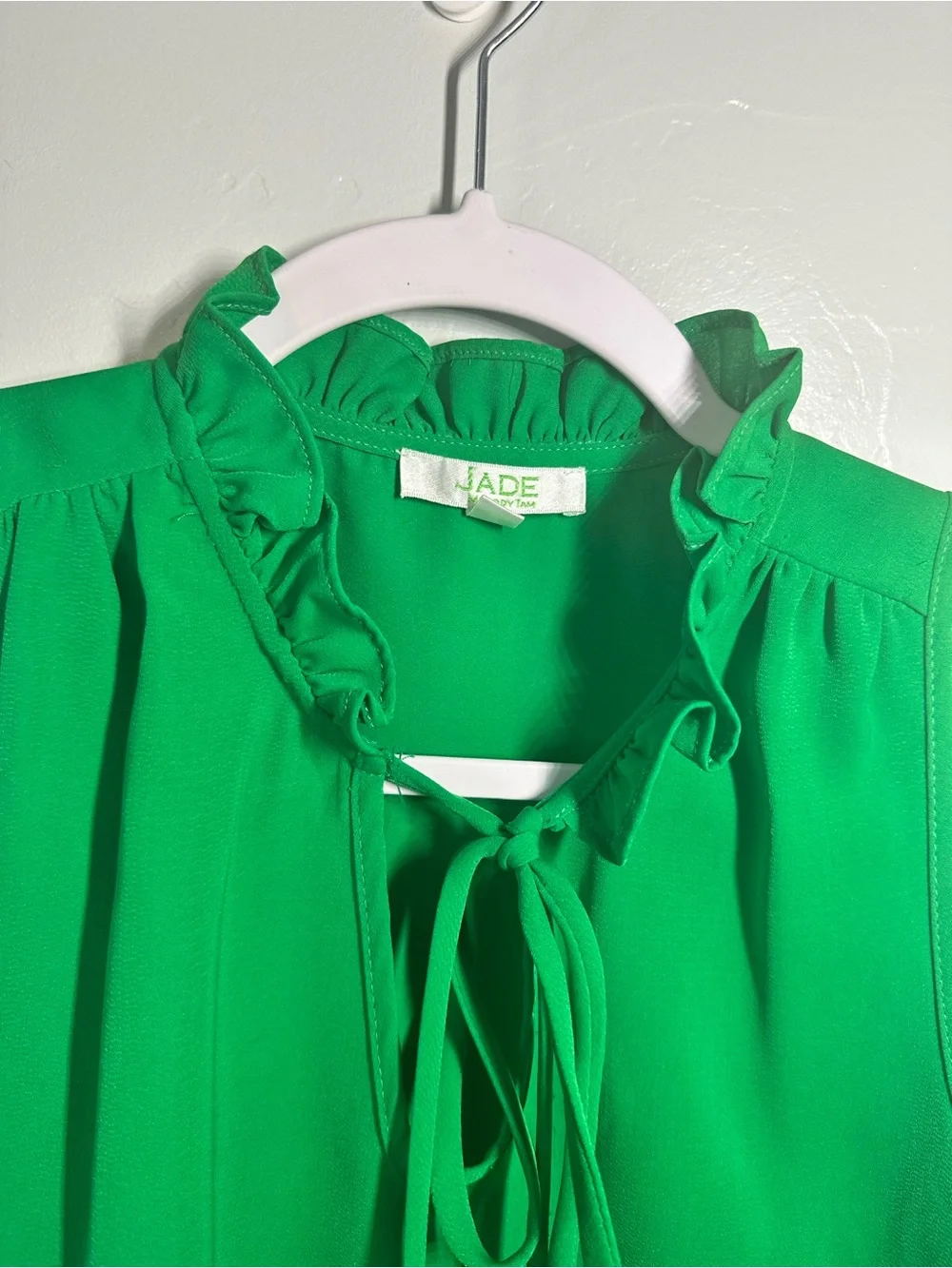 Green Ruffle Tie-Neck Sleeveless Blouse